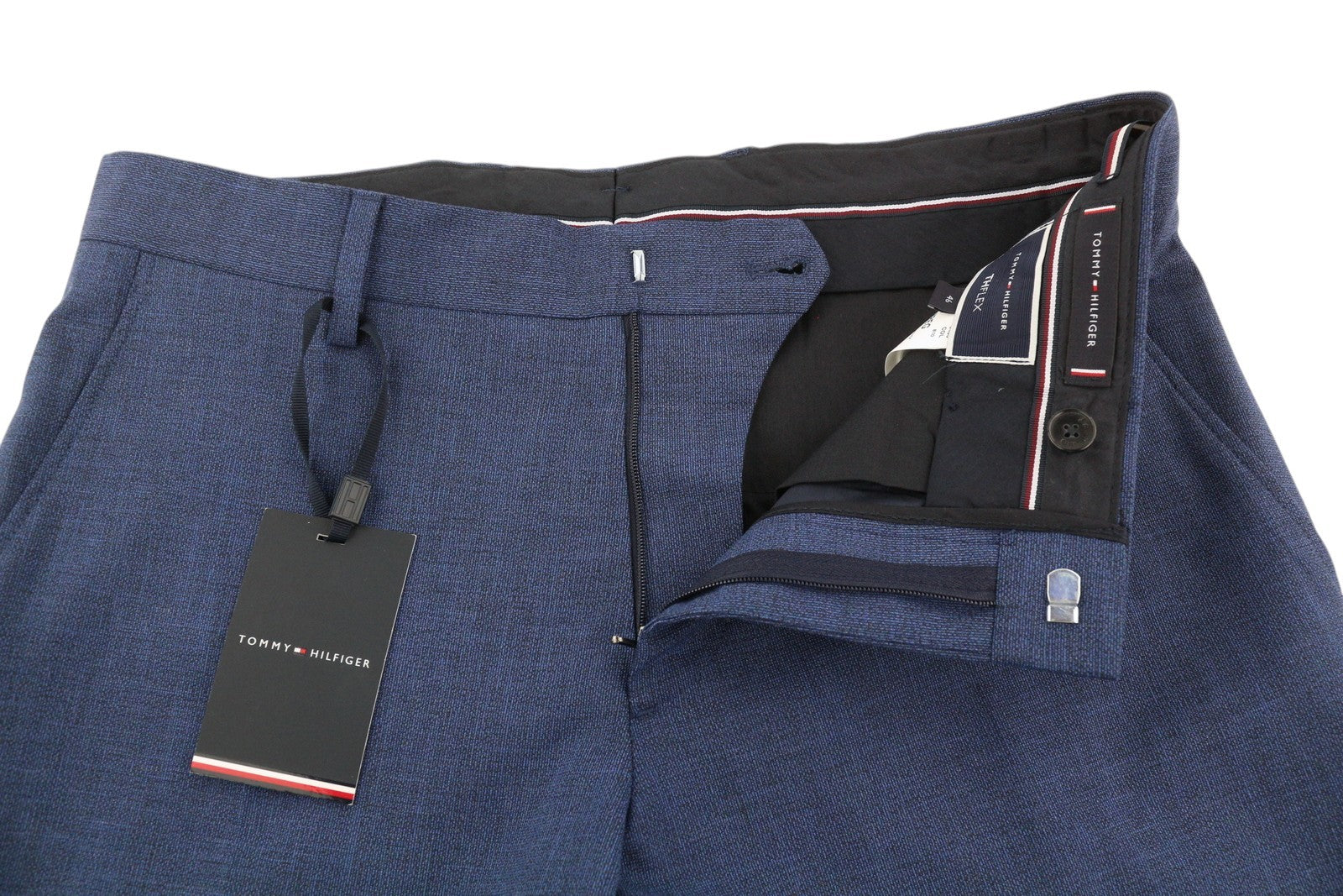 TOMMY HILFIGER Micro Structure Men Trousers W31 Blue THFlex Wool Blend Slim Fit