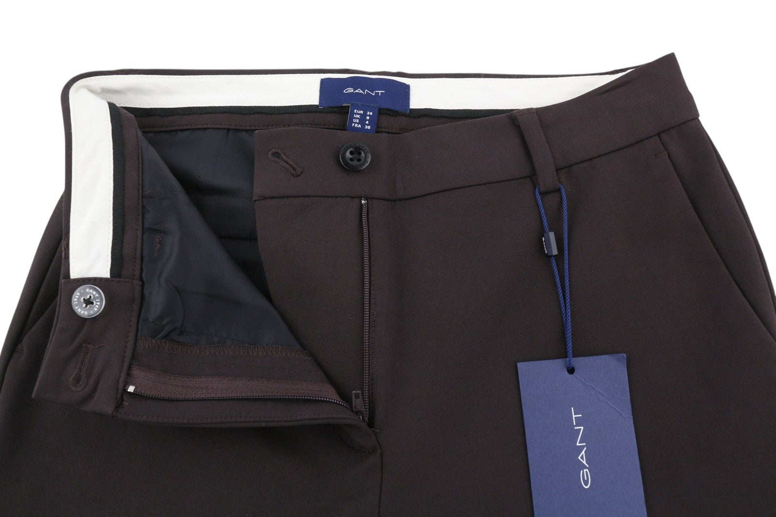 GANT Stretched Tapered Women Trousers EU34 Black Coffee Zip Fly Ankle Classic