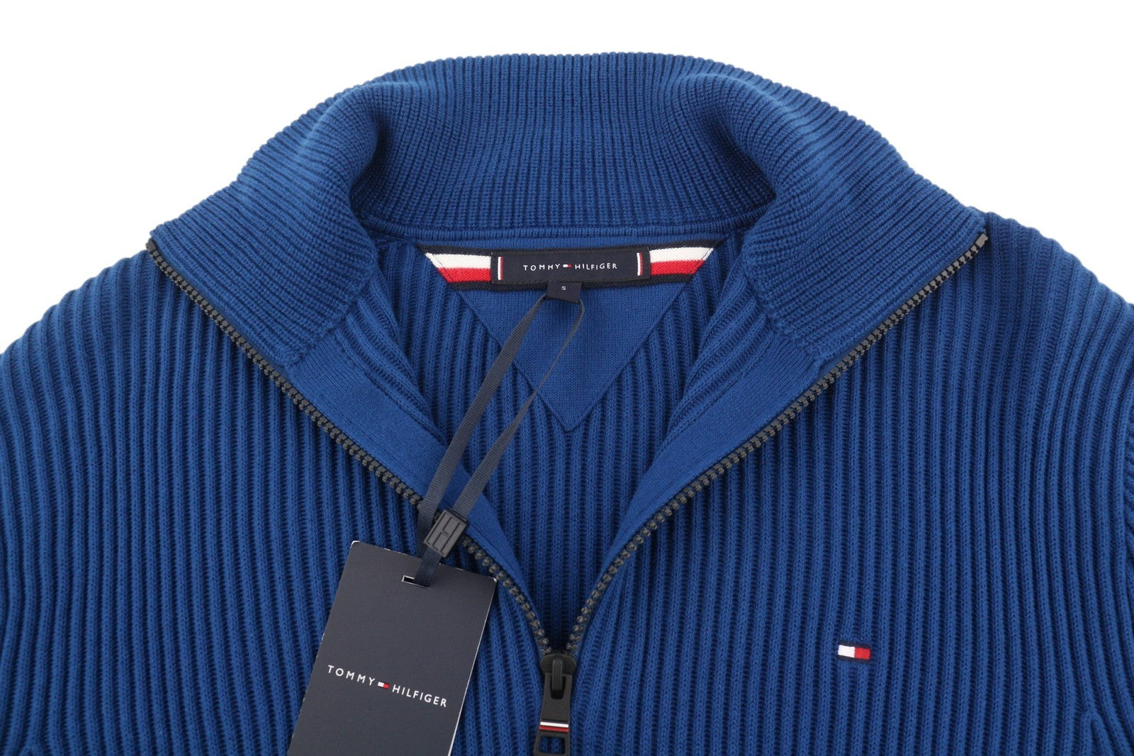 TOMMY HILFIGER Shadow Gs Rib Zip Men Jumper S Blue Knitted High Neck Pullover