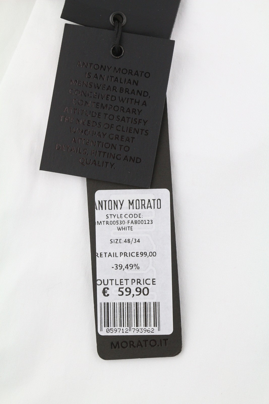 ANTONY MORATO Men Trousers W34 White Chino Slim Fit Flat Front Zip Fly Casual