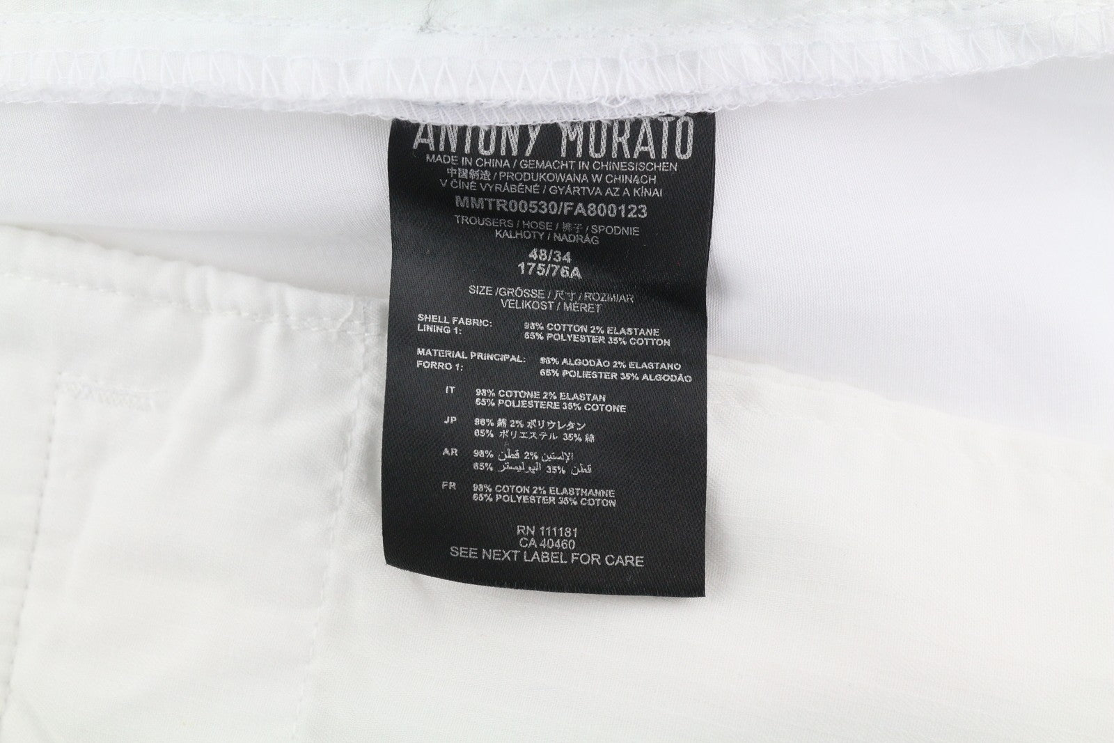 ANTONY MORATO Men Trousers W34 White Chino Slim Fit Flat Front Zip Fly Casual