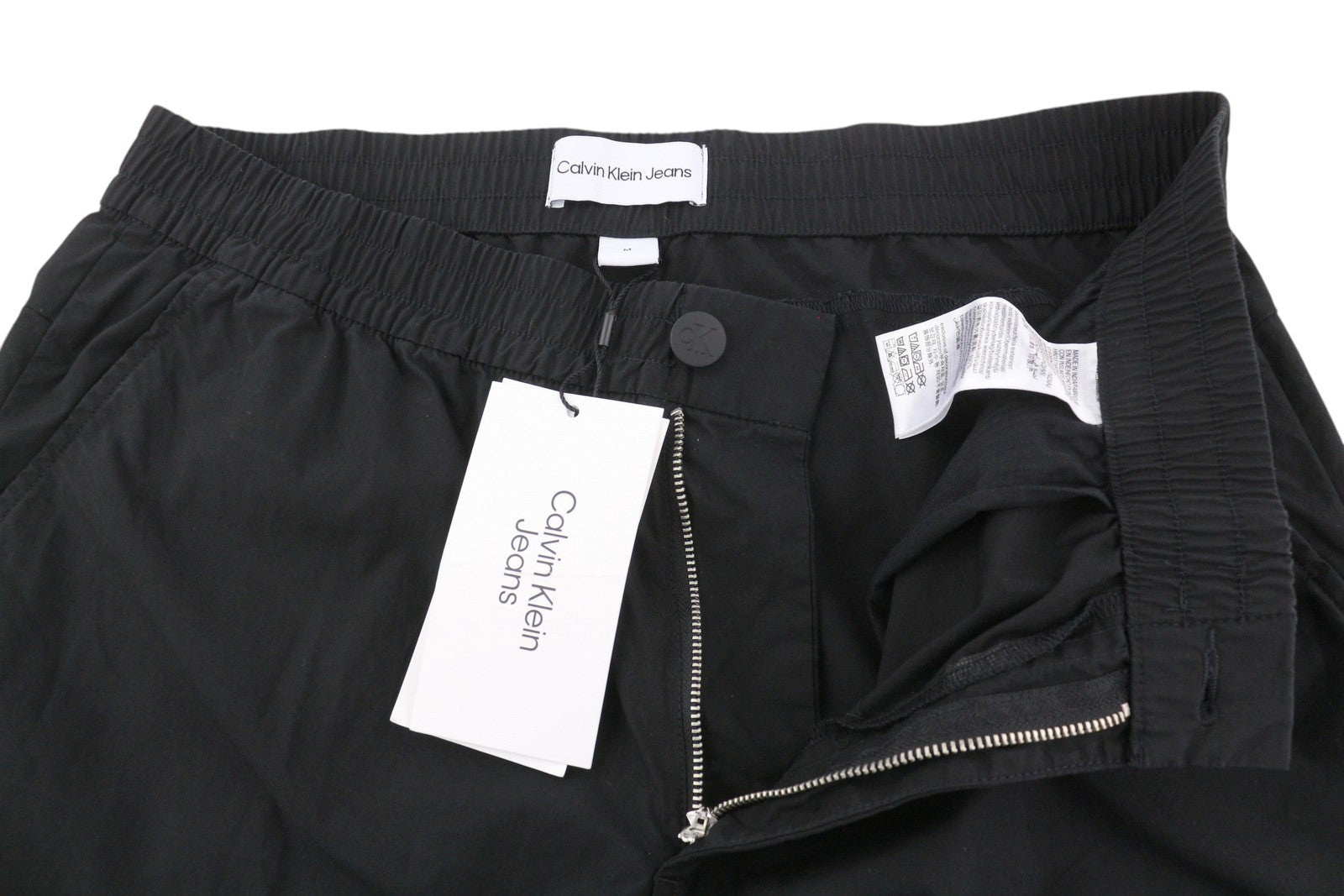 CALVIN KLEIN Utility Cotton Pop Men Trousers M Black Cargo Elastic Waist Logo