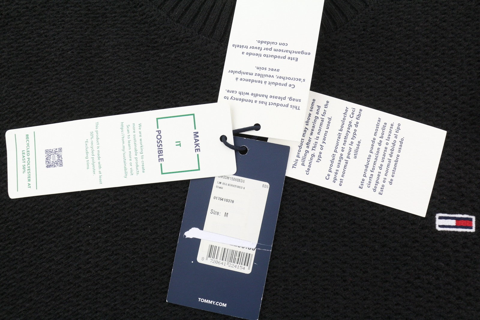 TOMMY HILFIGER Req Structured Men Jumper M Black Knitted Crew Neck Pullover