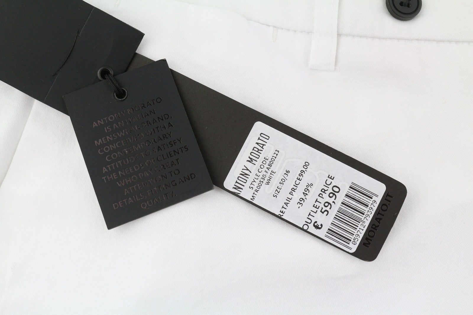 ANTONY MORATO Men Trousers W36 White Chino Slim Fit Flat Front Zip Fly Casual