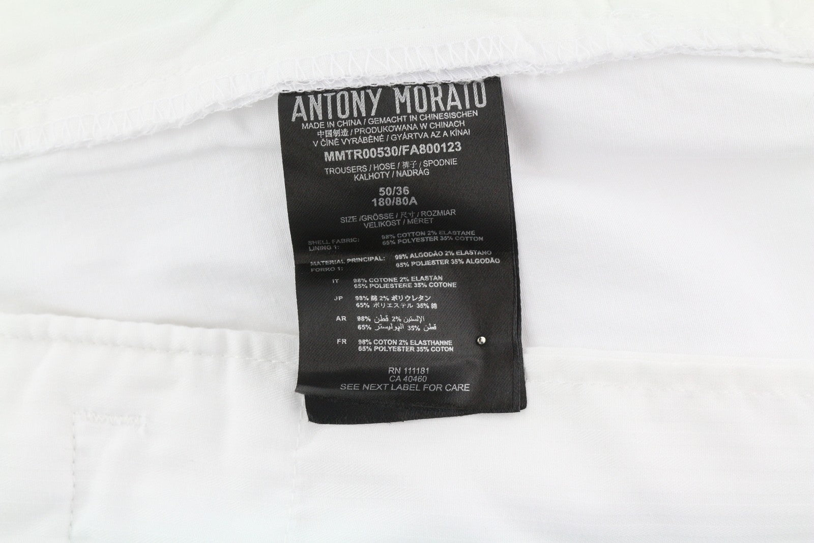 ANTONY MORATO Men Trousers W36 White Chino Slim Fit Flat Front Zip Fly Casual