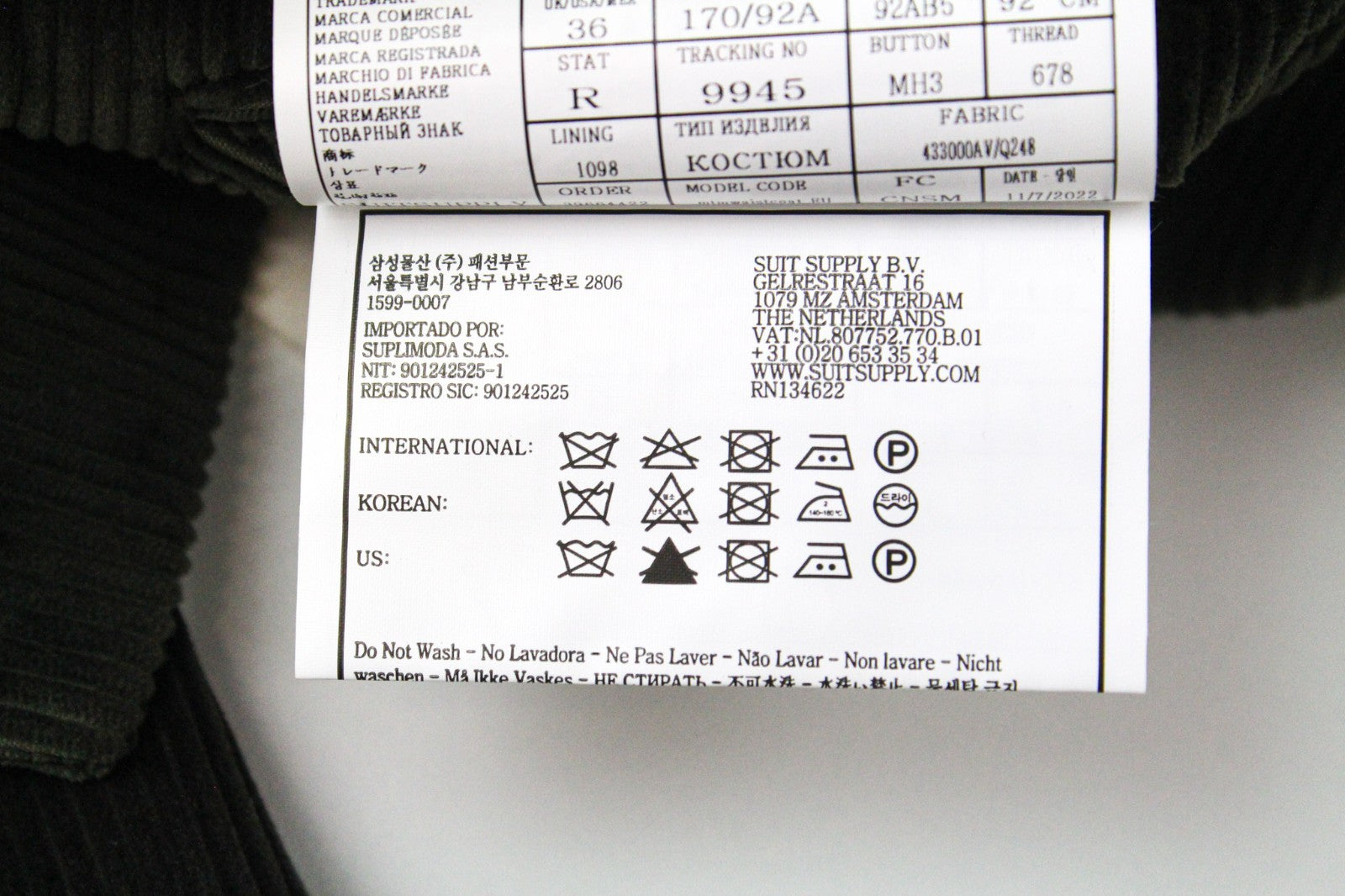 SUITSUPPLY La Spalla Men's Suit UK36R Corduroy Lined Green Pure Cotton 3-Piece