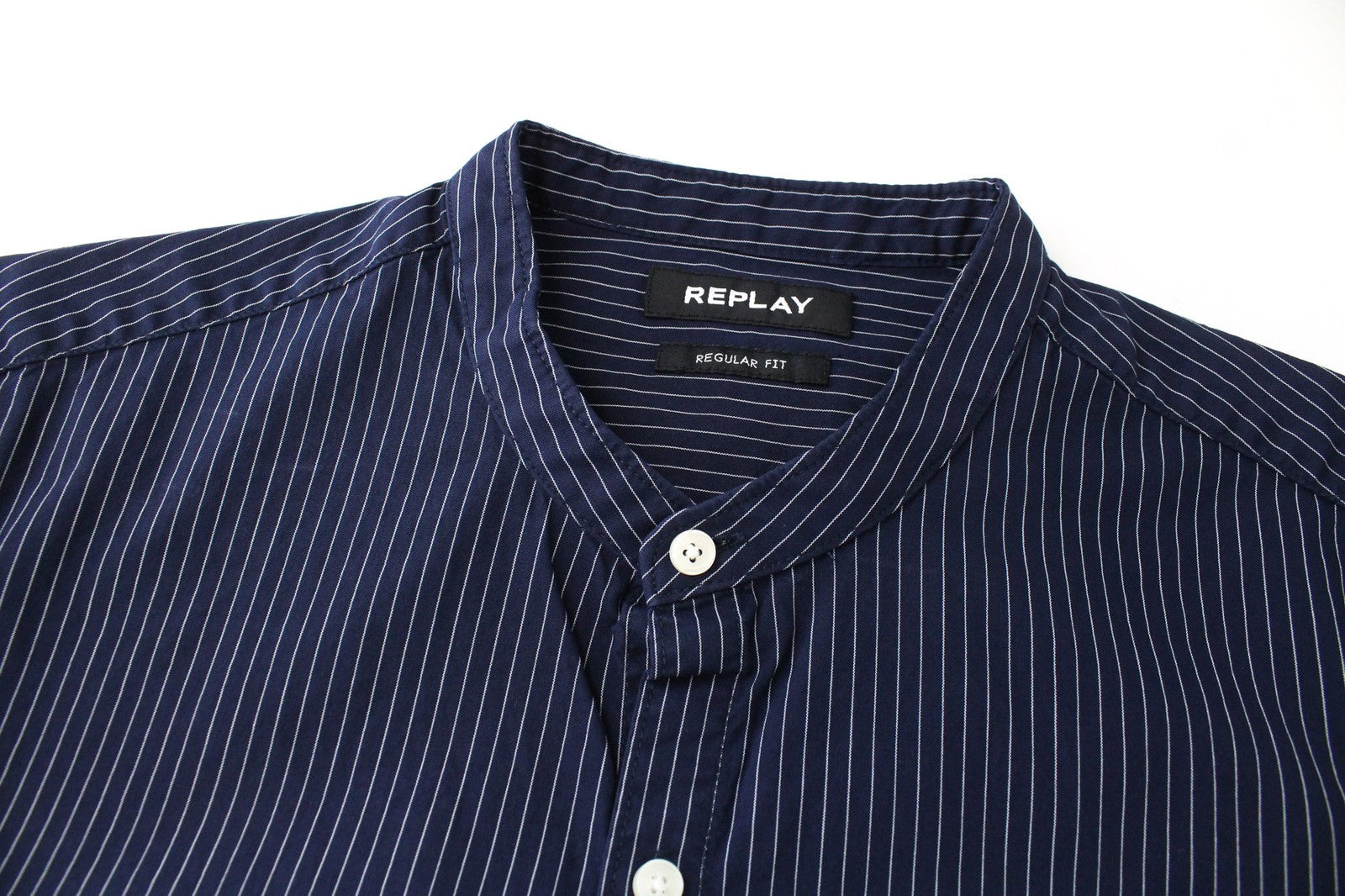 REPLAY Men's Shirt M Dark Blue Twill Striped Pure Cotton Long Sleeve Button-Up