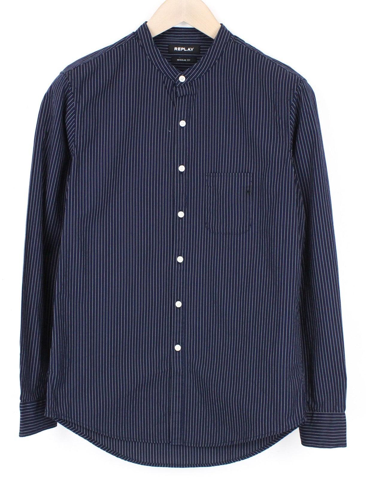 REPLAY Men's Shirt M Dark Blue Twill Striped Pure Cotton Long Sleeve Button-Up