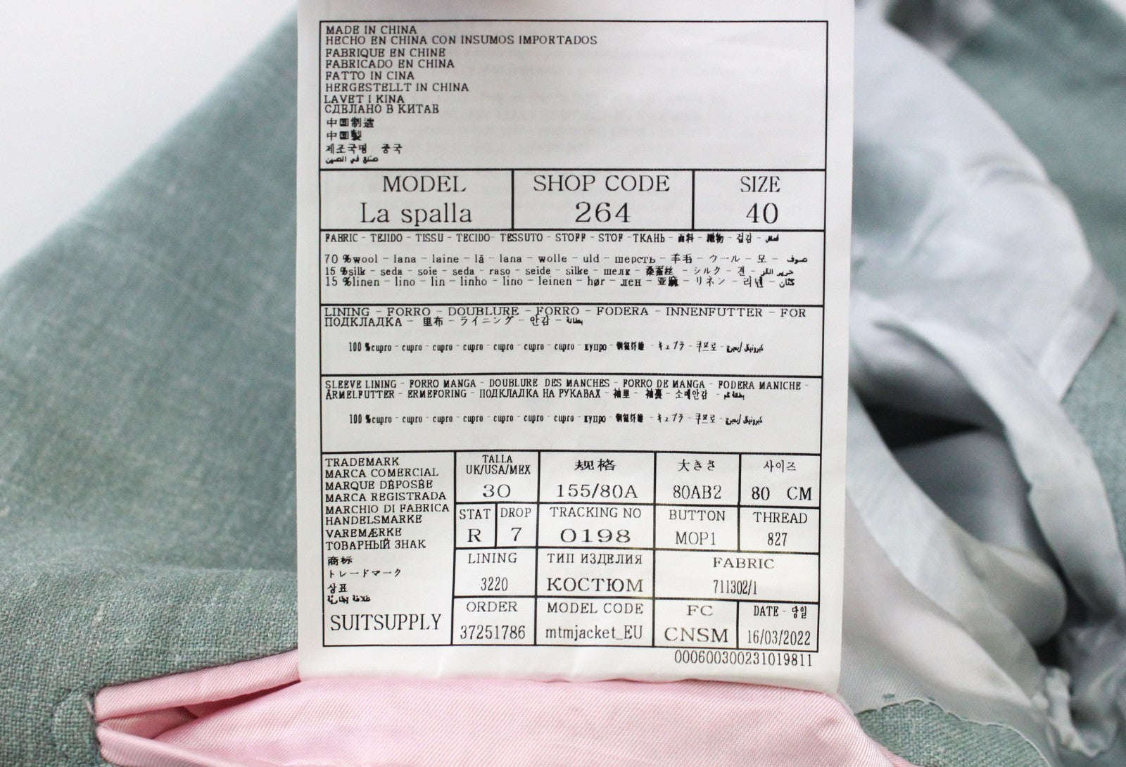 SUITSUPPLY La Spalla Men's Suit UK30R Double-Breasted Green Wool Silk Linen Set