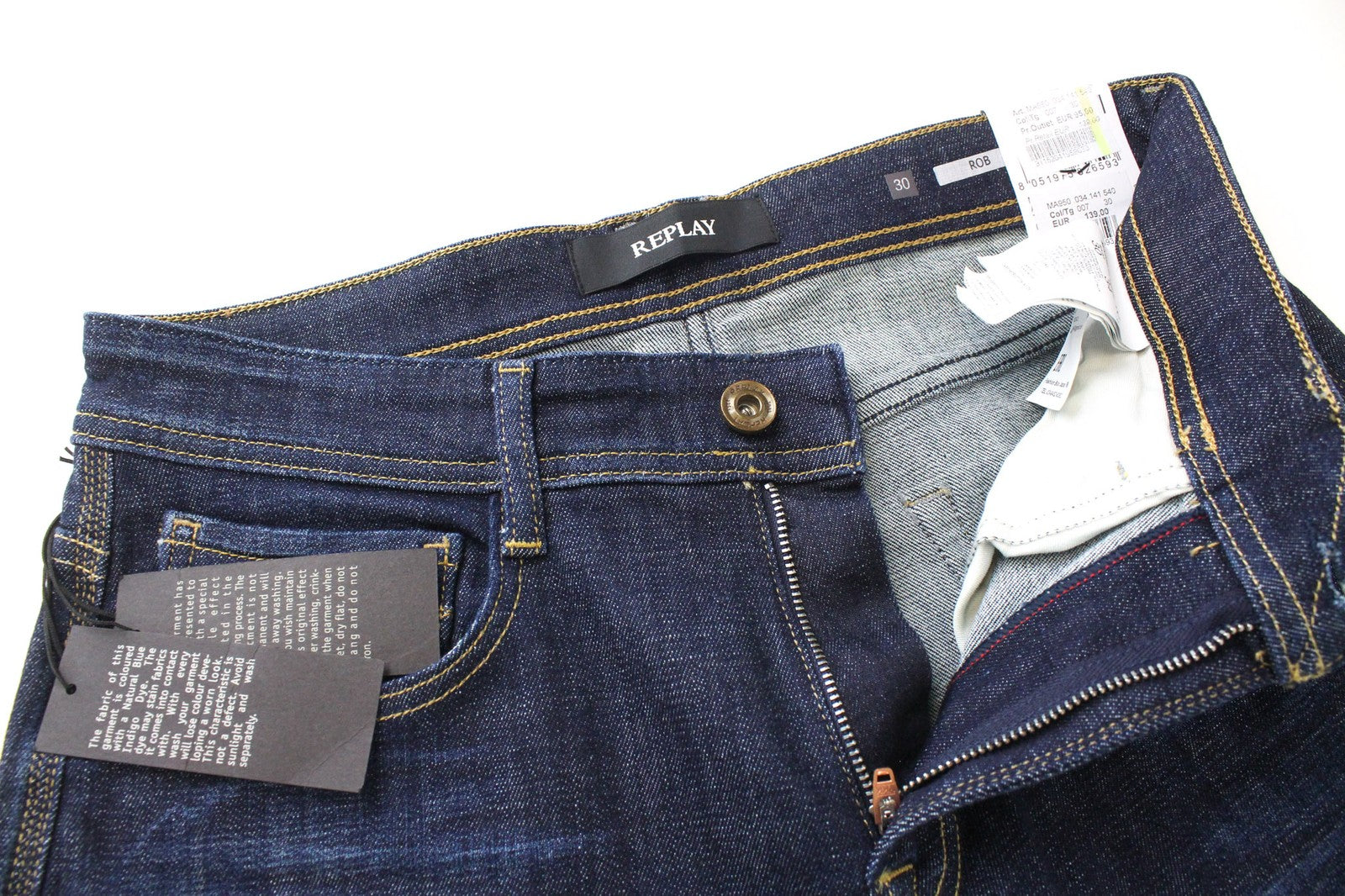 REPLAY Rob Men's Jeans W30/L34 Straight Tapered Blue Cotton Stretch Denim Fit