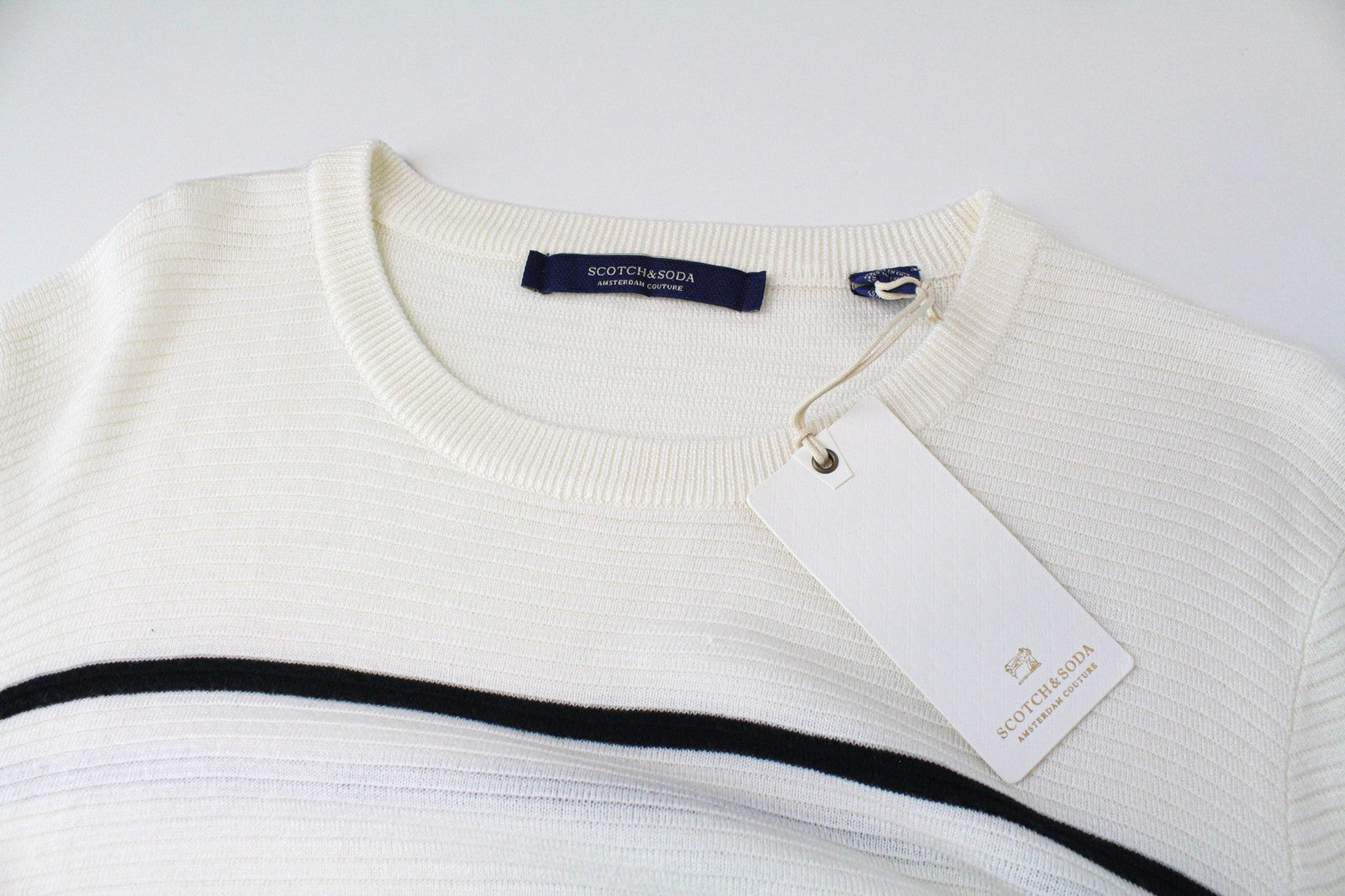 SCOTCH & SODA Ams Couture Men's Jumper L Off-White Tight Knit Striped Sweater