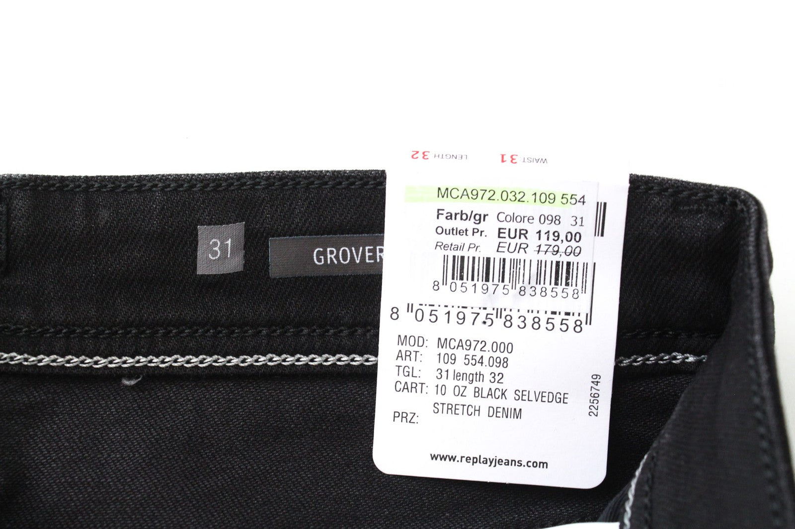 REPLAY Grover Men's Jeans W31/L32 Straight Black Cotton Stretch Button Denim