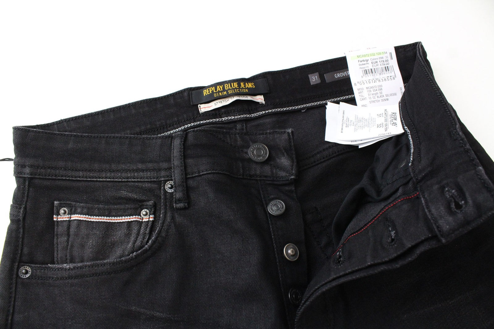 REPLAY Grover Men's Jeans W31/L32 Straight Black Cotton Stretch Button Denim