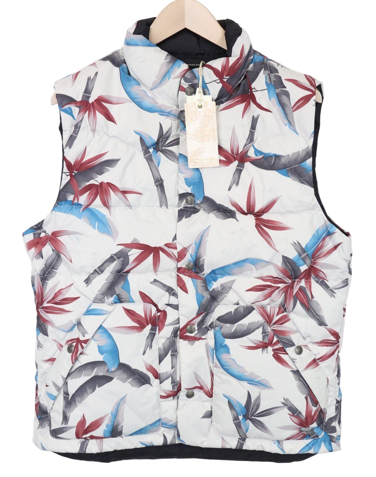 SCOTCH & SODA Men's Vest L Off-White Leaf Patterned High Neck Quilted Reversible