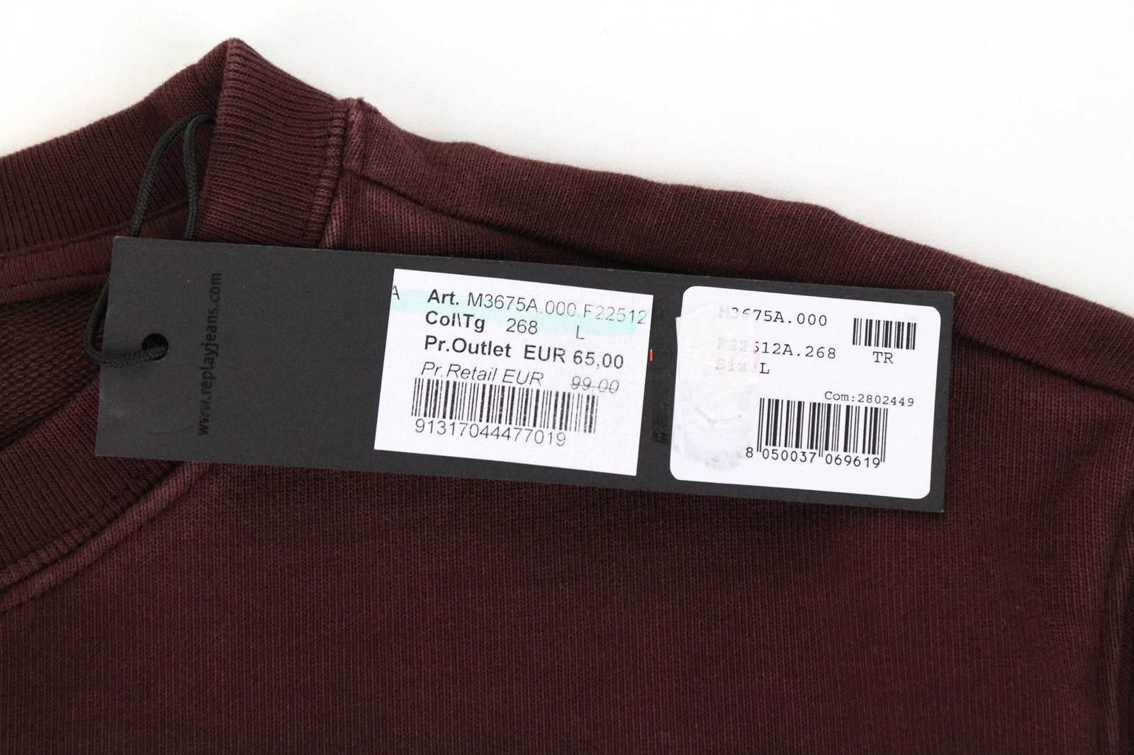 REPLAY Men's Sweatshirt L Burgundy Red Casual Logo Pullover Cotton Long Sleeve