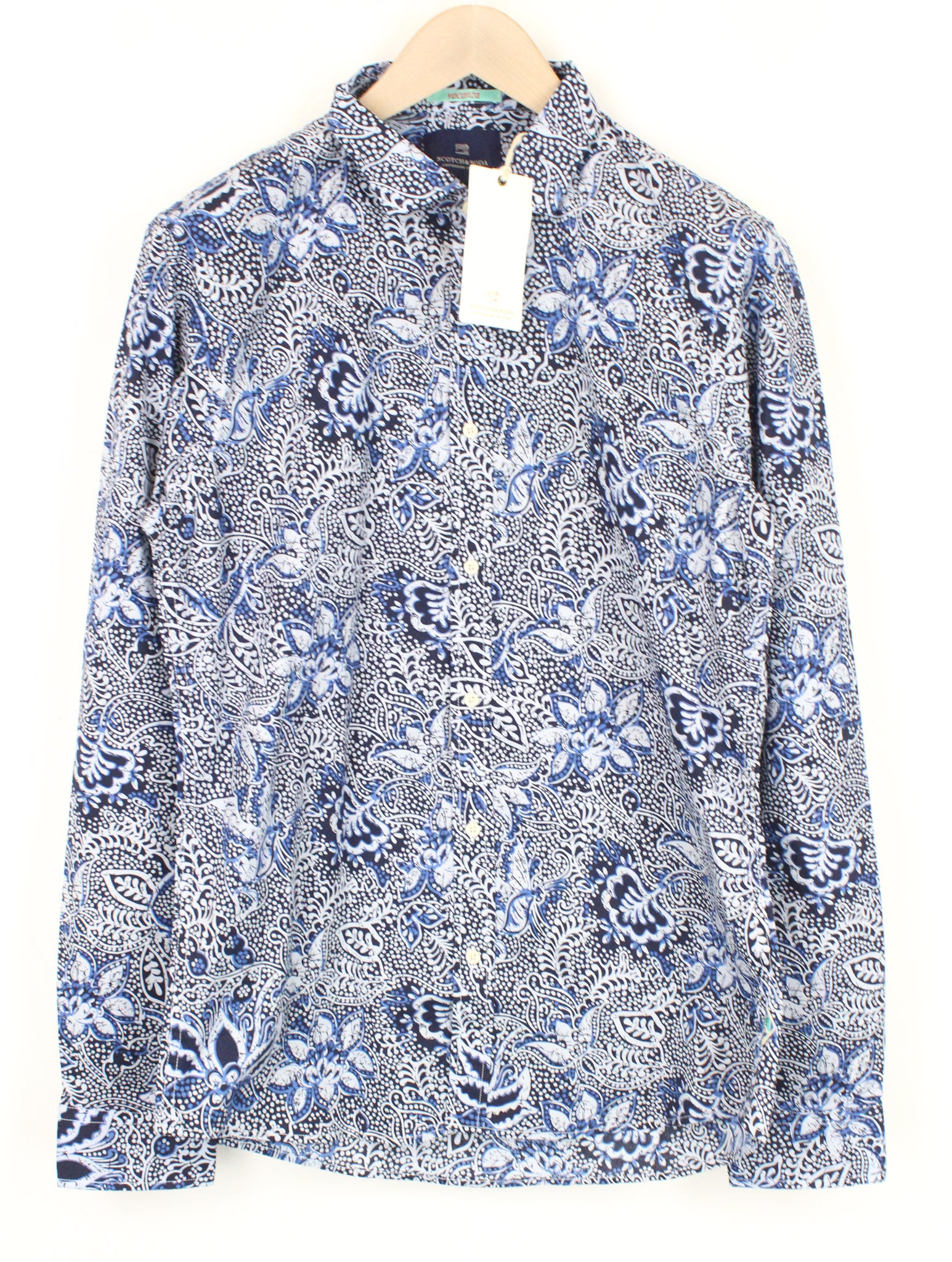 SCOTCH & SODA Men's Shirt L Blue Melange Graphic Cotton Blend Stretch Pattern