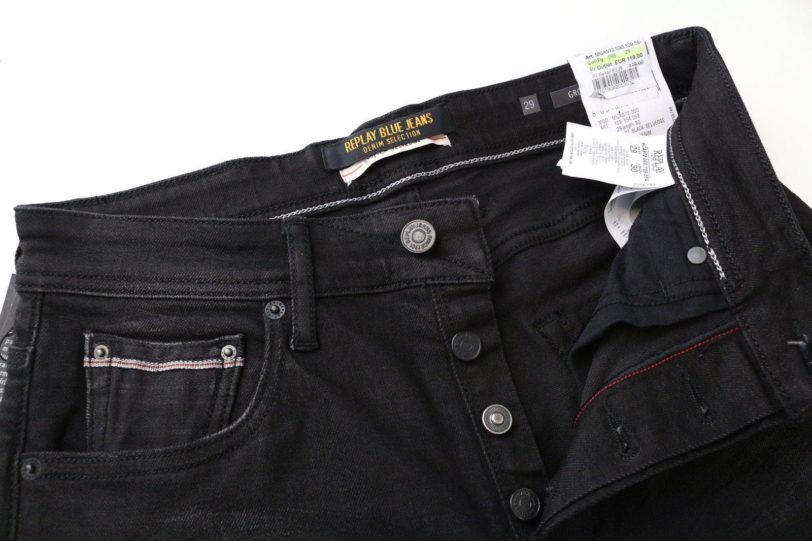 REPLAY Grover Men's Jeans W29/L30 Selvedge Straight Black Stretch Button-Fly