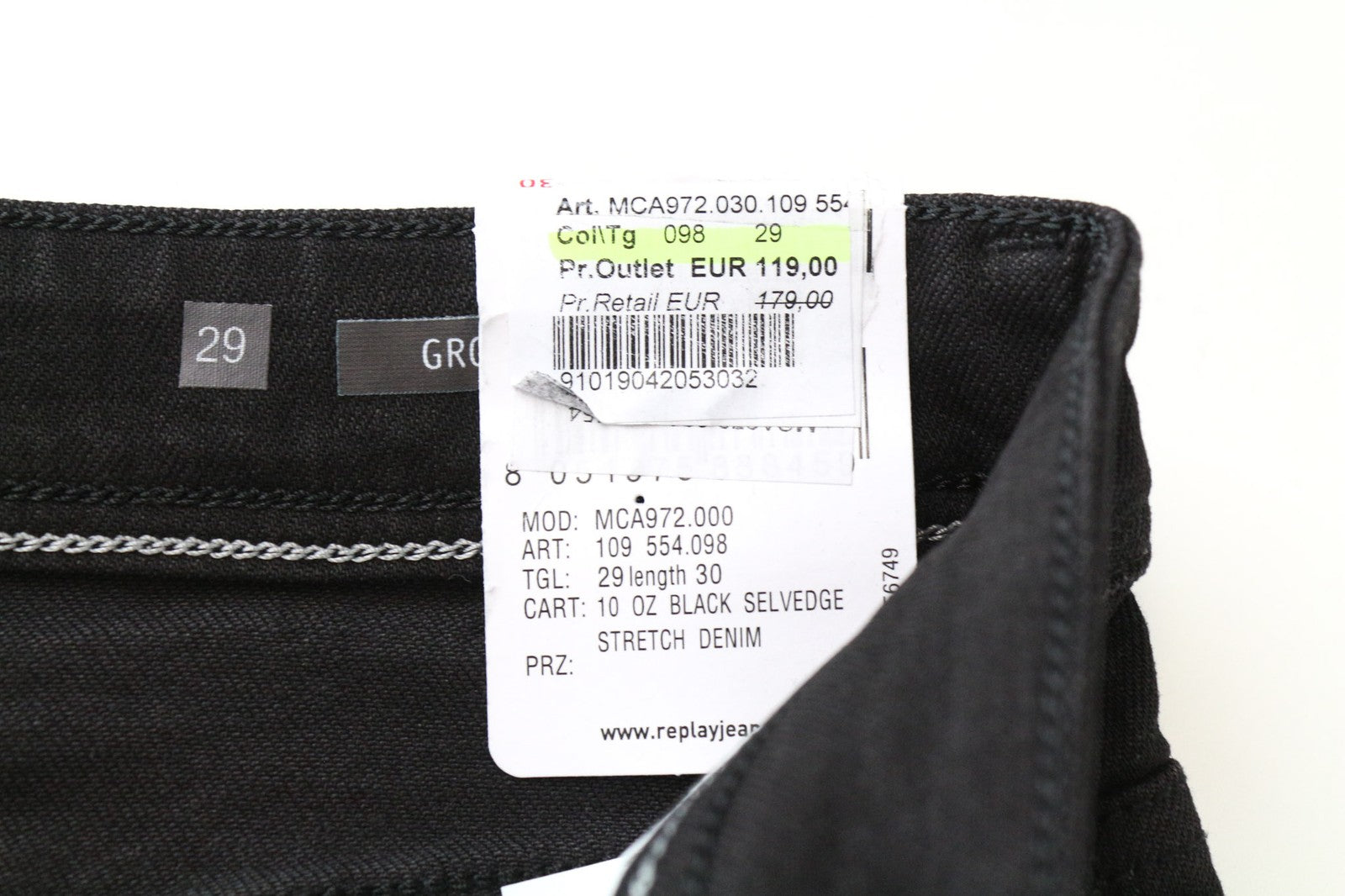 REPLAY Grover Men's Jeans W29/L30 Selvedge Straight Black Stretch Button-Fly