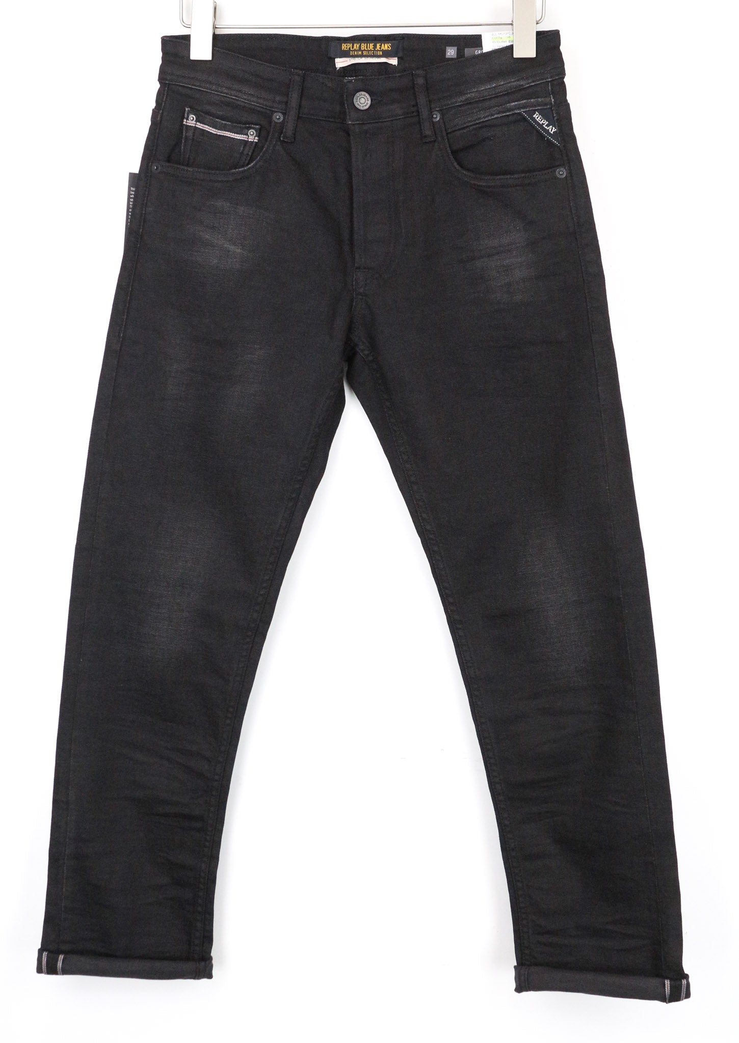 REPLAY Grover Men's Jeans W30/L30 Black Straight Selvedge Stretch Button-Fly