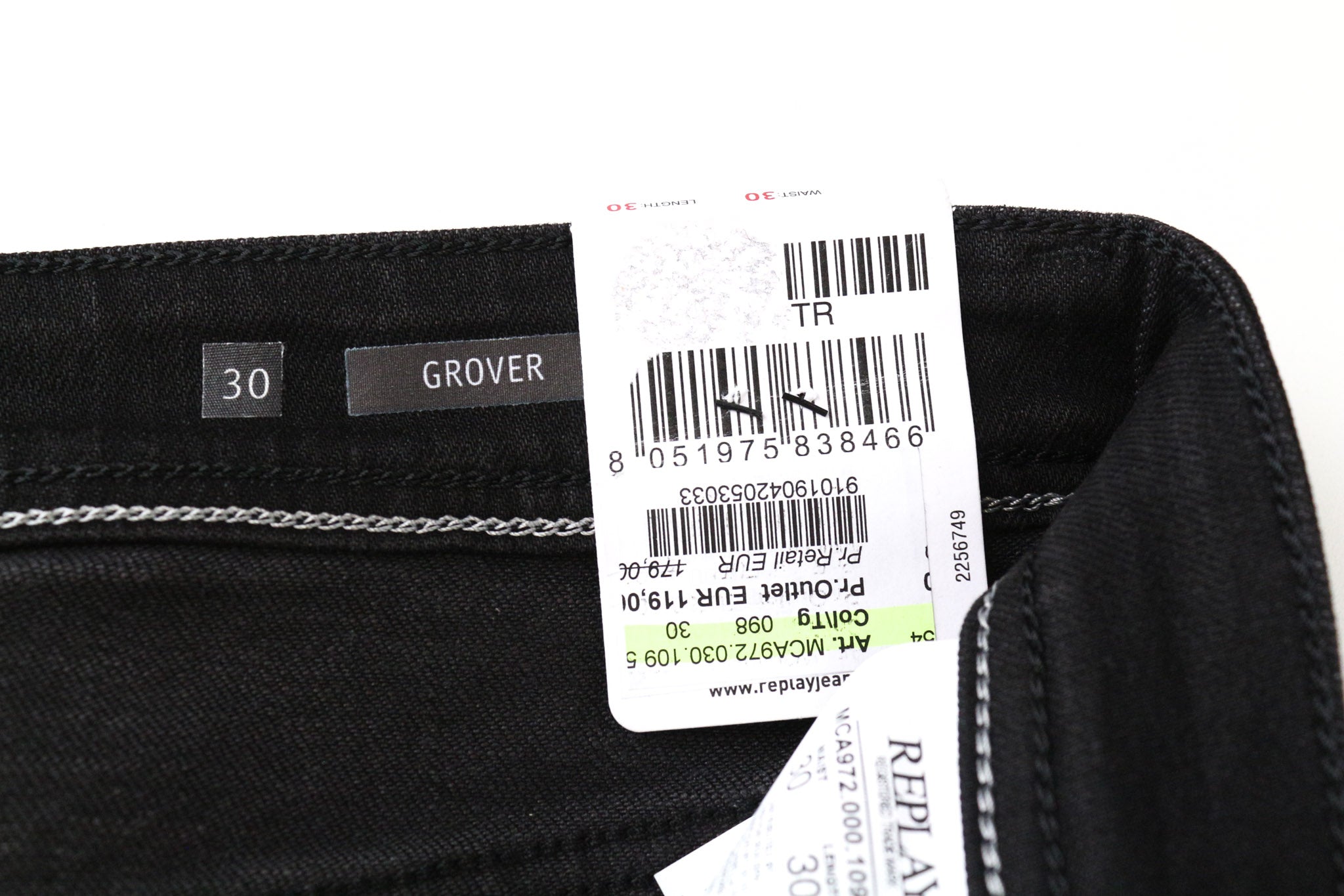 REPLAY Grover Men's Jeans W30/L30 Black Straight Selvedge Stretch Button-Fly