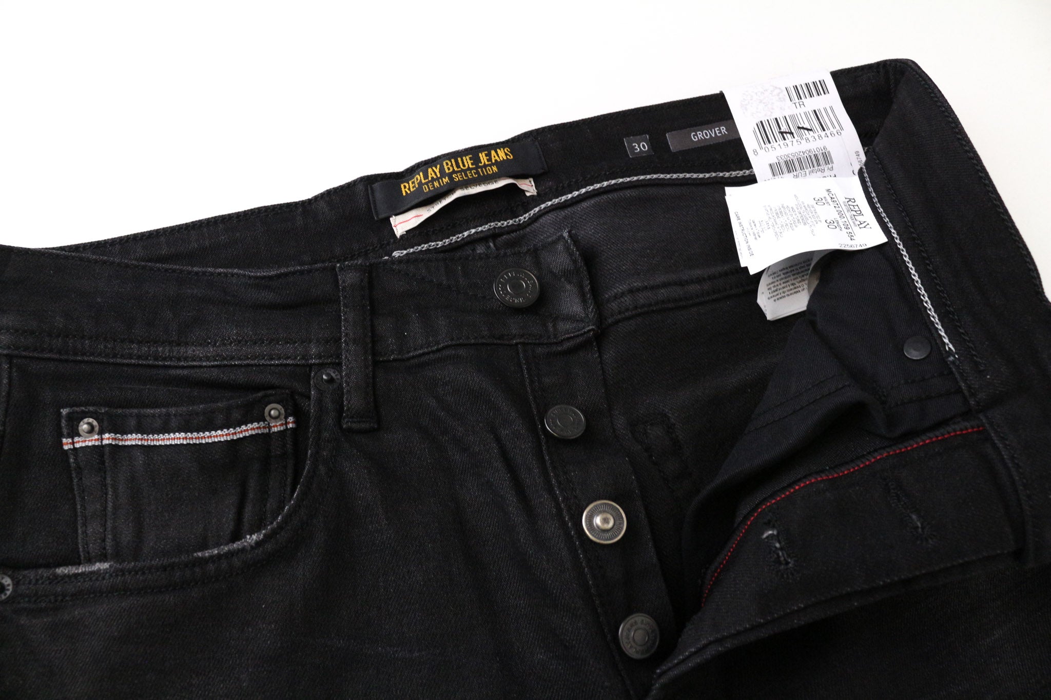 REPLAY Grover Men's Jeans W30/L30 Black Straight Selvedge Stretch Button-Fly
