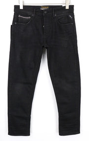 REPLAY Grover Men's Jeans W31/L30 Black Straight Selvedge Button-Fly Stretch