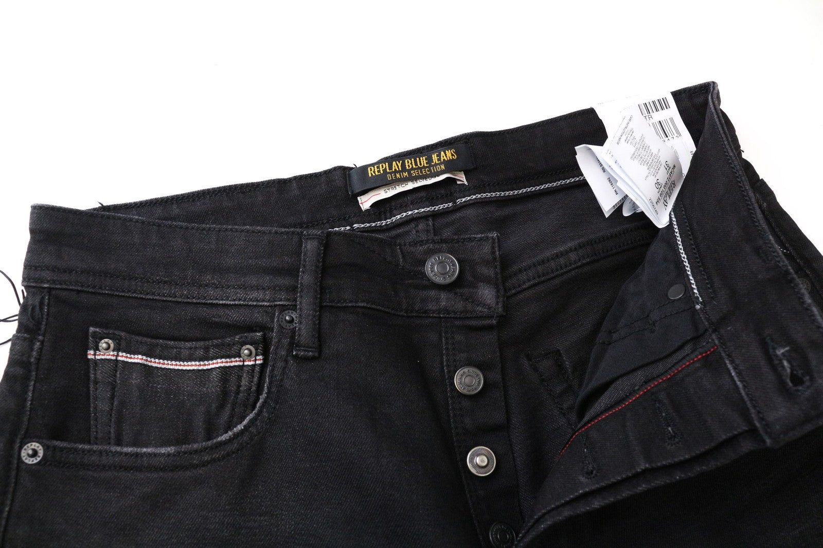REPLAY Grover Men's Jeans W31/L30 Black Straight Selvedge Button-Fly Stretch