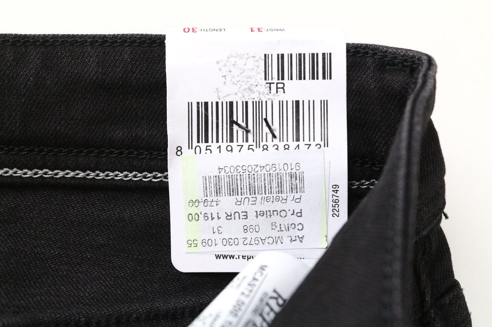 REPLAY Grover Men's Jeans W31/L30 Black Straight Selvedge Button-Fly Stretch