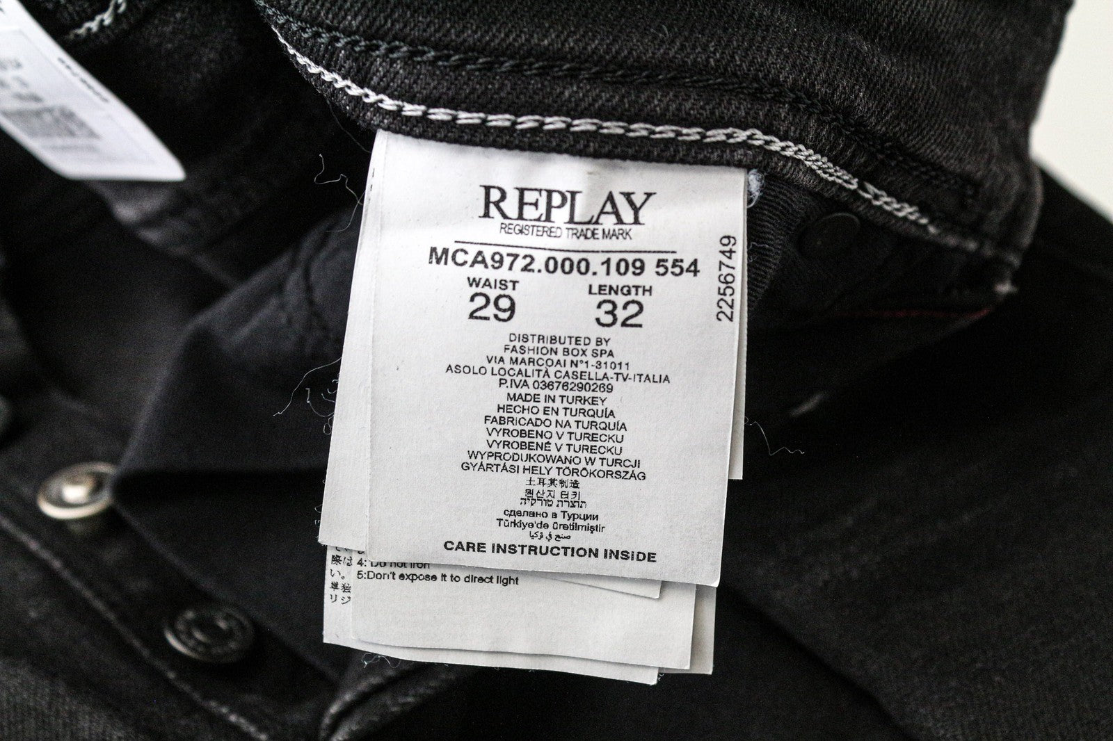 REPLAY Grover Men's Jeans W29/L32 Straight Black Stretch Selvedge Button-Fly