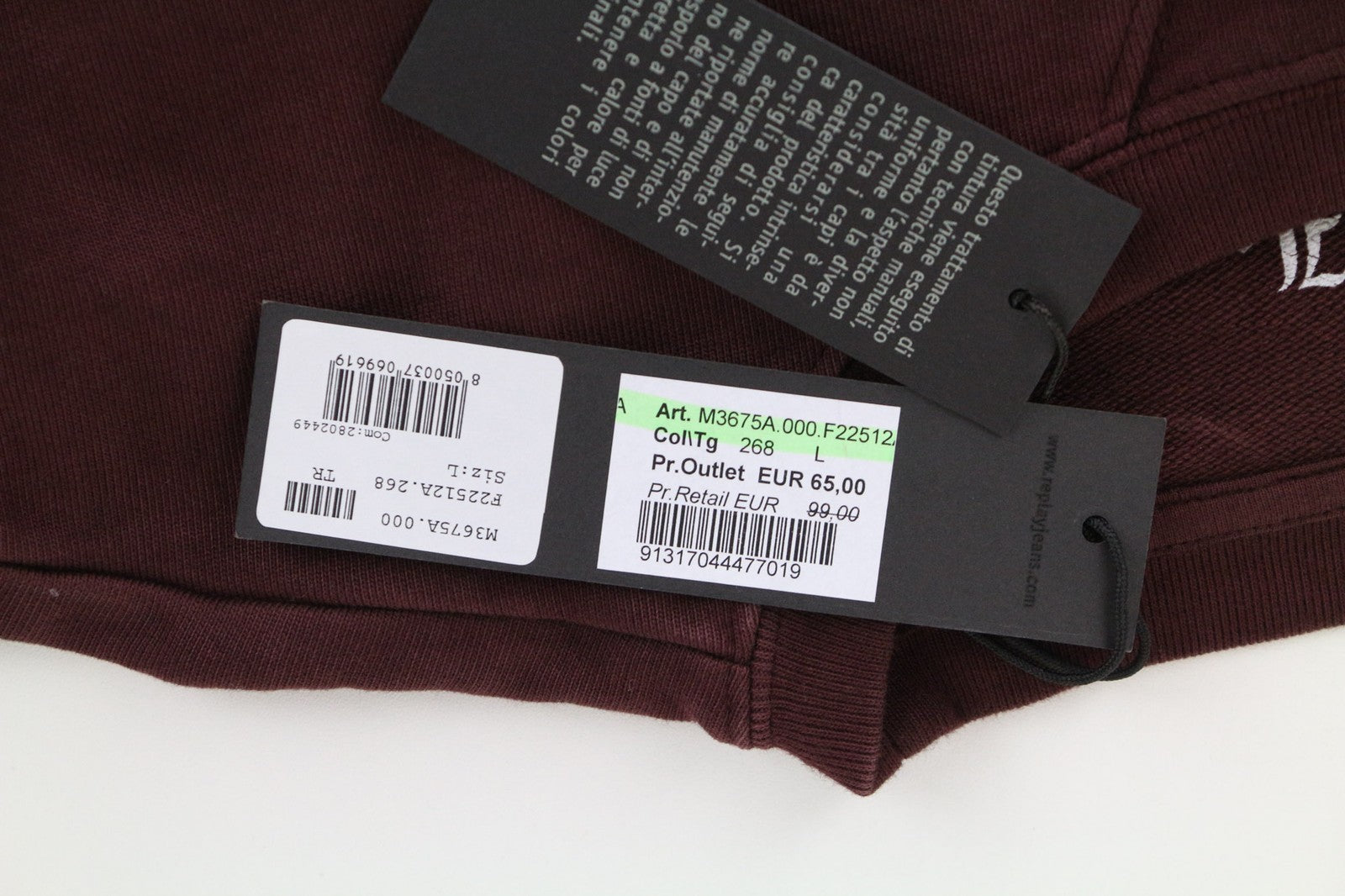 REPLAY Men's Sweatshirt L Burgundy Red Long Sleeve Logo Pullover Pure Cotton