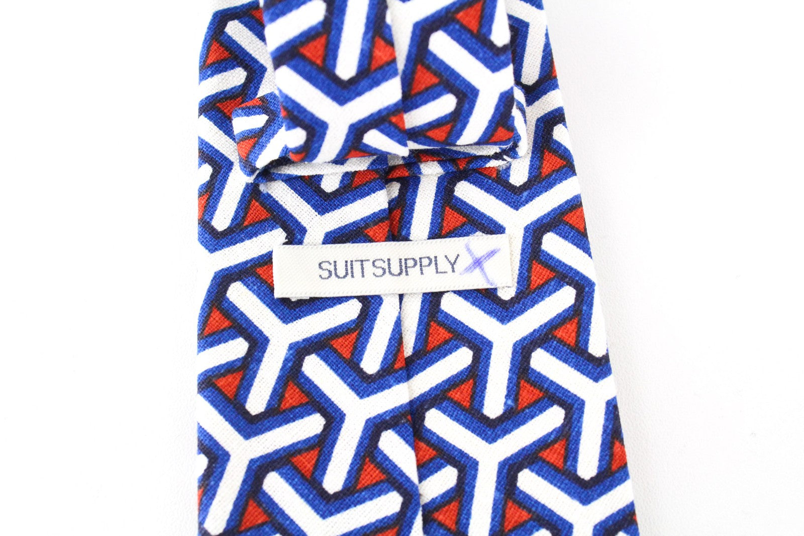 SUITSUPPLY Men's Tie 148x8 cm Blue White Pattern Linen Cotton Pointed-End Smart