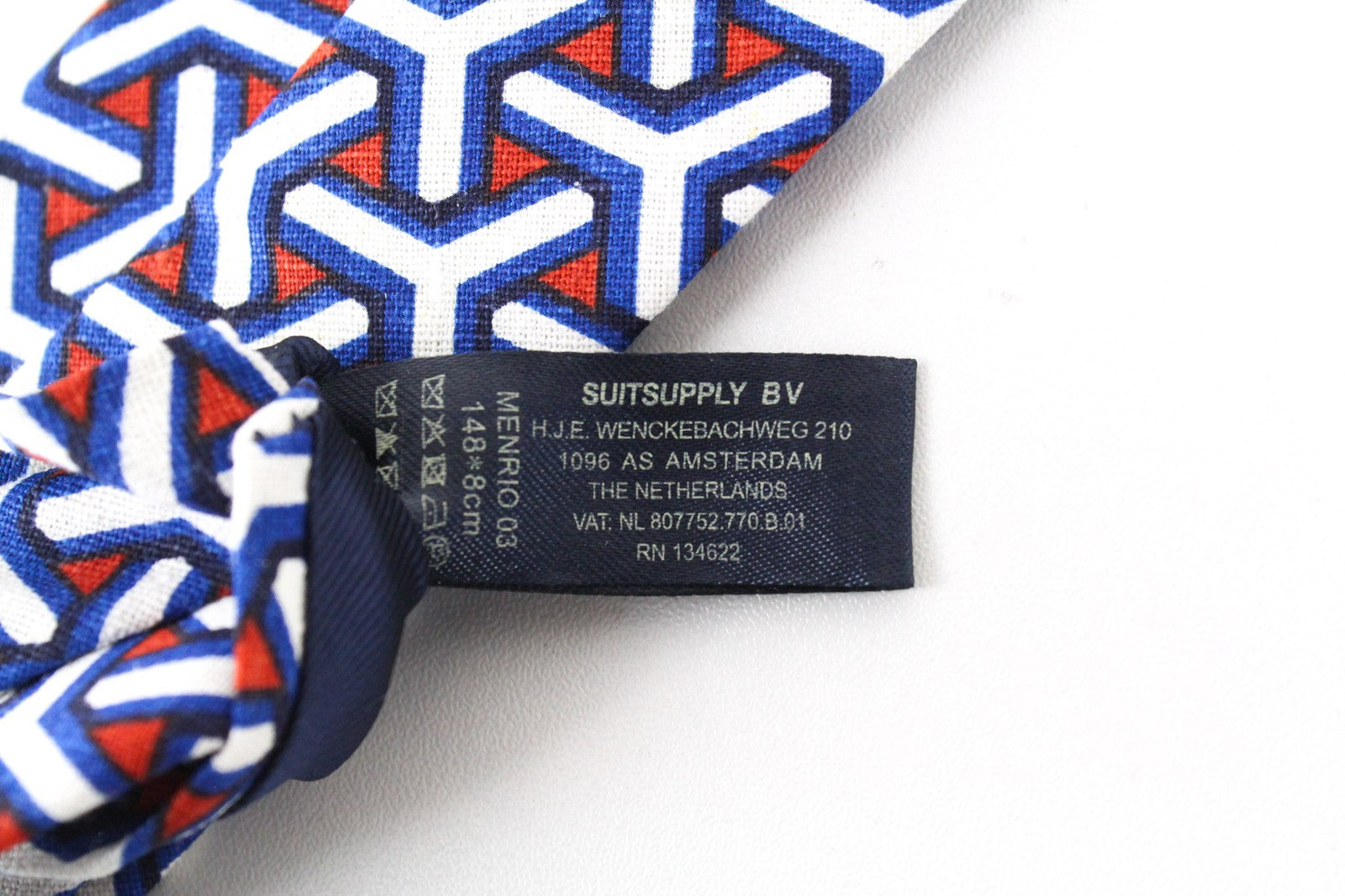 SUITSUPPLY Men's Tie 148x8 cm Blue White Pattern Linen Cotton Pointed-End Smart