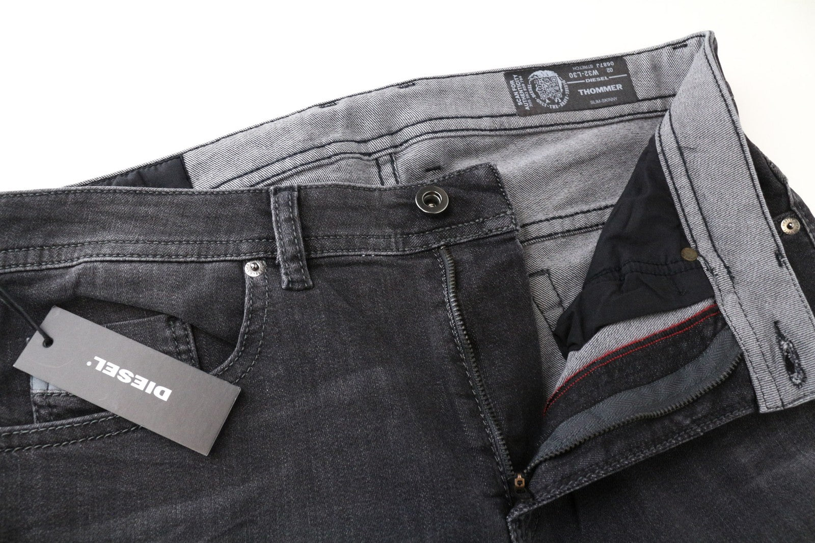 DIESEL Thommer 0687J Men's W32/L30 Grey Slim-Skinny Washed Cotton Stretch Jeans