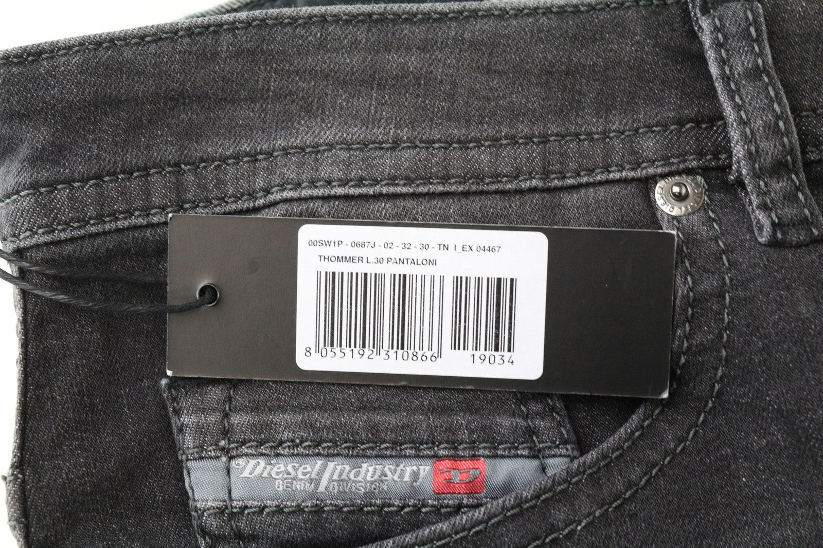 DIESEL Thommer 0687J Men's W32/L30 Grey Slim-Skinny Washed Cotton Stretch Jeans