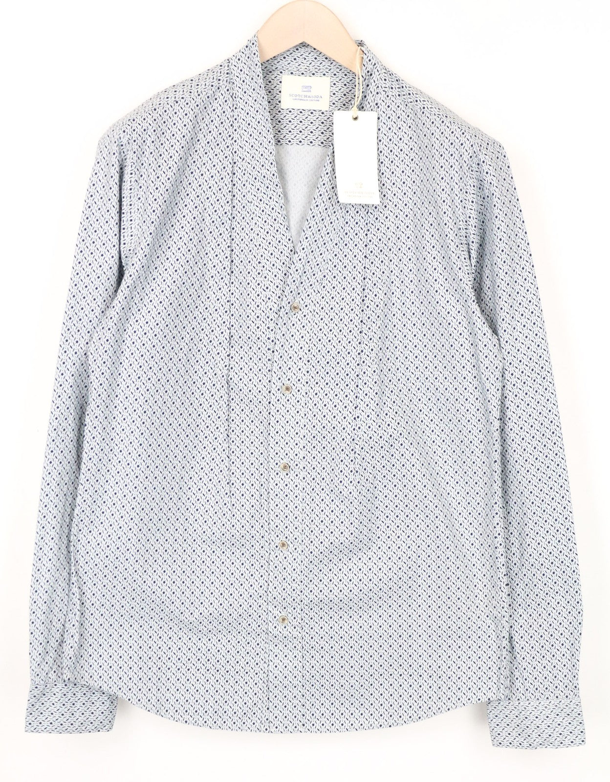 SCOTCH & SODA Ams Couture Men's L White Blue Pure Cotton V-Neck Pleated Shirt