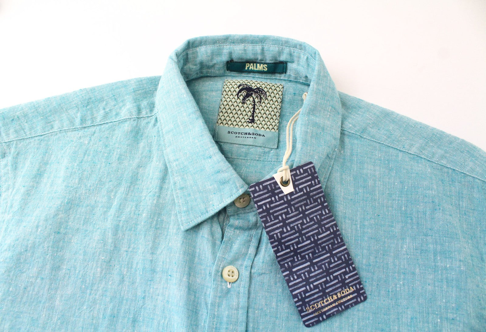 SCOTCH & SODA Men's Shirt S Slim Short Sleeve Green Linen Cotton Blend Melange