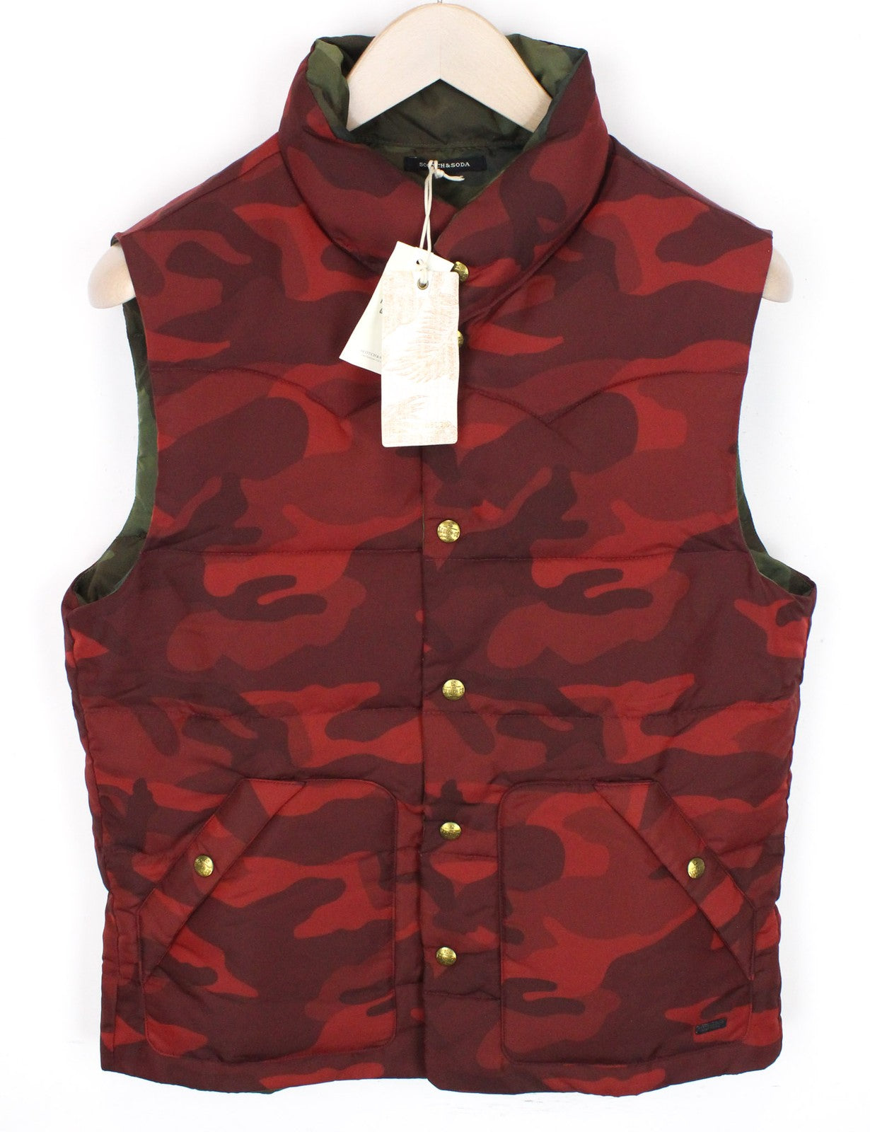 SCOTCH & SODA Men's Vest M High Neck Red Quilted Camo Patterned Reversible