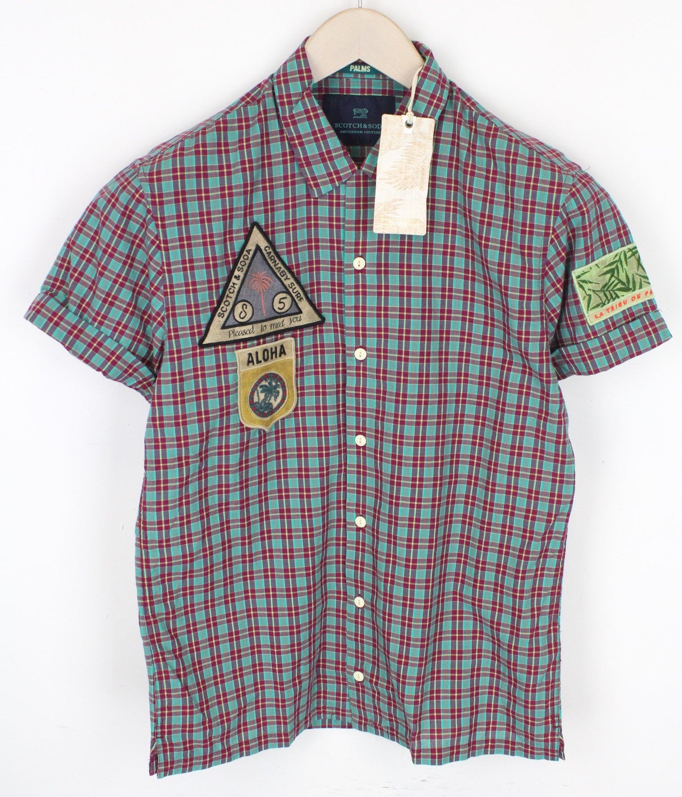 SCOTCH & SODA Men's Shirt S Cotton Linen Blend Purple Plaid Patchwork Checked