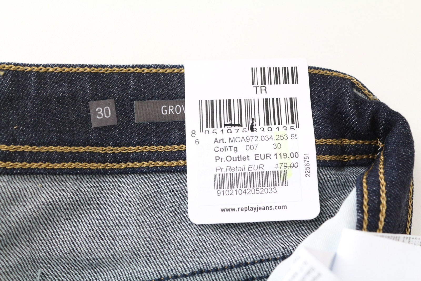 REPLAY Grover Men's Jeans W30/L34 Selvedge Straight Blue Stretch Cotton Denim