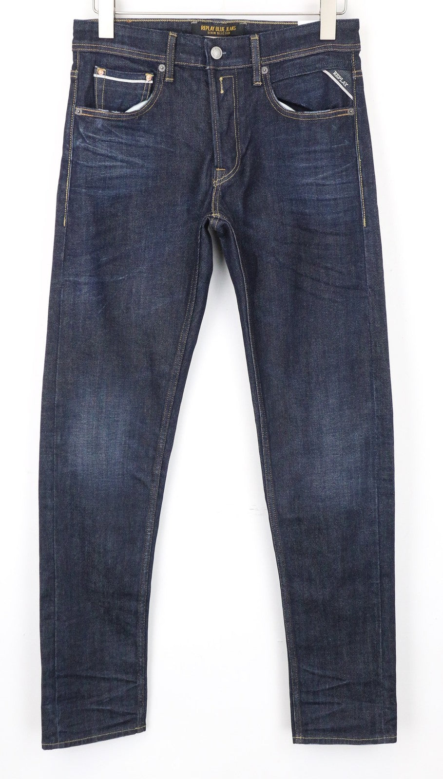 REPLAY Grover Men's Jeans W30/L34 Casual Selvedge Straight Blue Stretch Denim