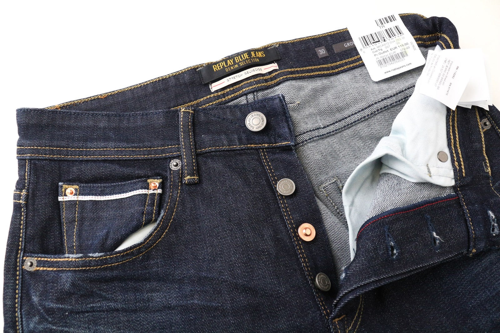 REPLAY Grover Men's Jeans W30/L34 Casual Selvedge Straight Blue Stretch Denim