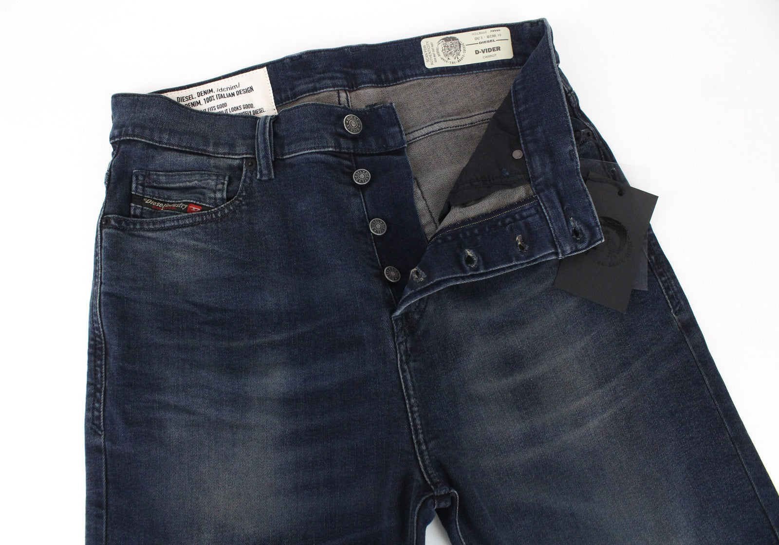 DIESEL D-Vider 084AU Men's W28/L30 Dark Blue Stretch Button Carrot Fit Jeans