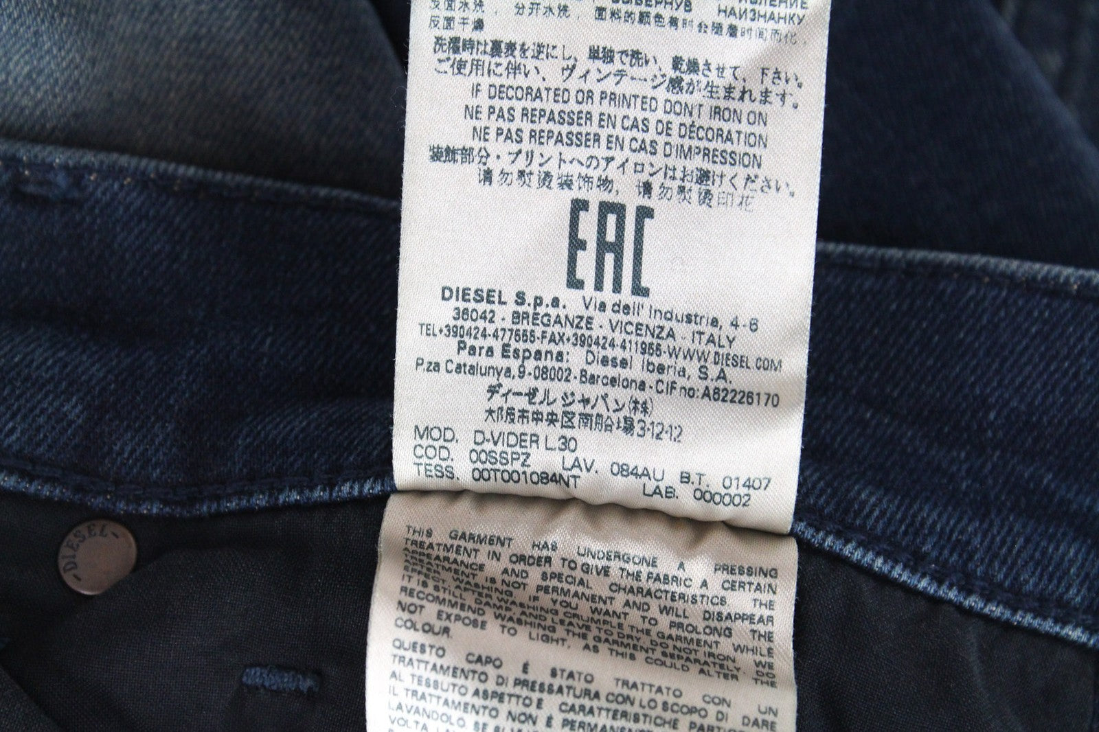 DIESEL D-Vider 084AU Men's W28/L30 Dark Blue Stretch Button Carrot Fit Jeans