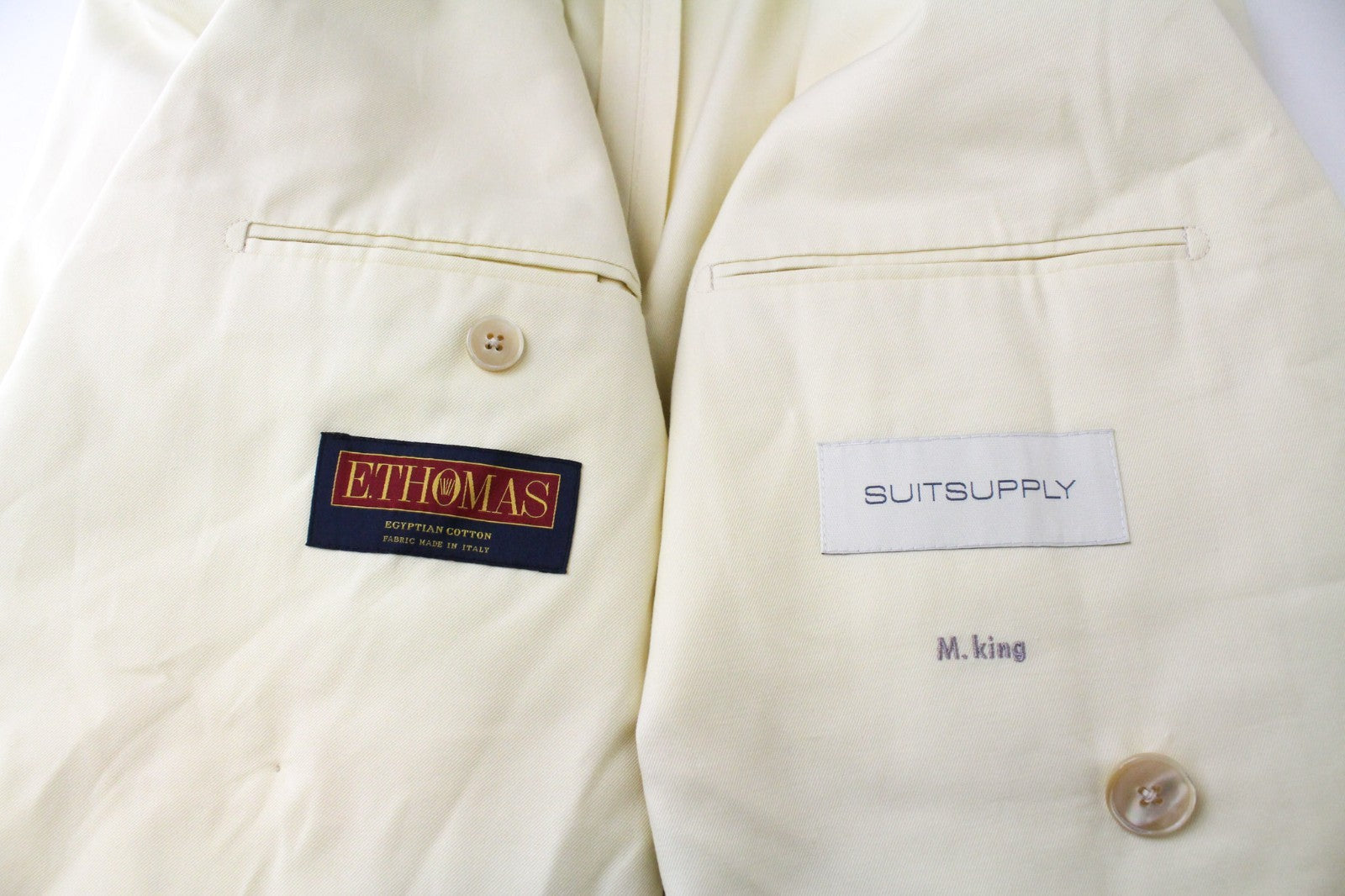 SUITSUPPLY La Spalla Men's UK38S Double-Breasted Light Yellow Cotton Suit 2Pc