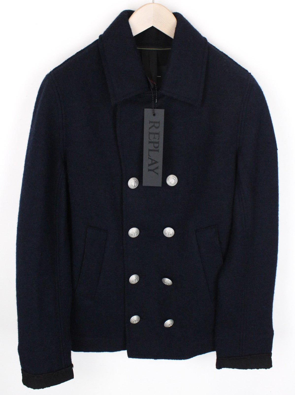 REPLAY Men's XL Coat Navy Blue Wool Blend Classic Double-Breasted Notch Cut
