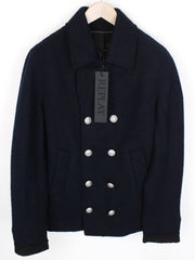 REPLAY Men's XL Coat Navy Blue Wool Blend Classic Double-Breasted Notch Cut