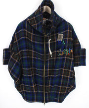 DESIGUAL Women's EU40 Blue Wool Blend Designer Coat Kimono Embroidered Tartan