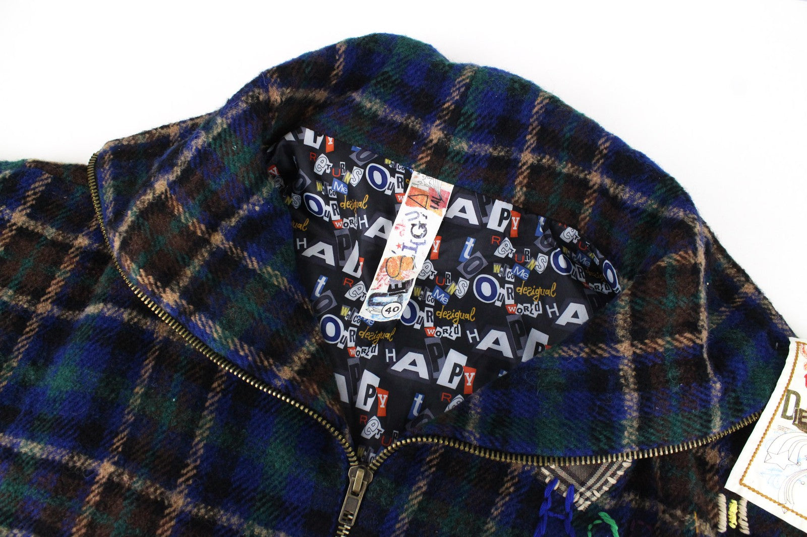 DESIGUAL Women's EU40 Blue Wool Blend Designer Coat Kimono Embroidered Tartan