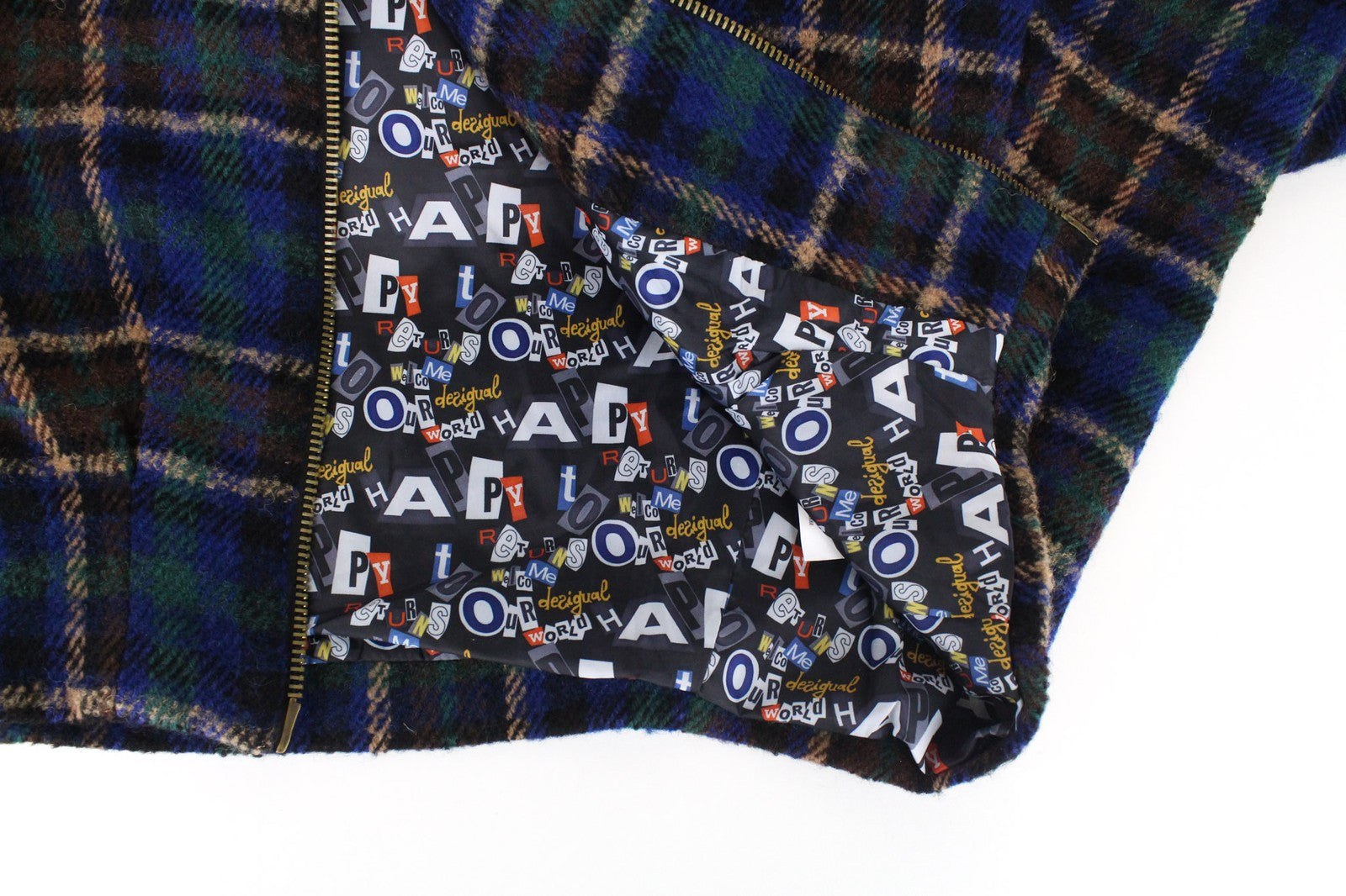 DESIGUAL Women's EU40 Blue Wool Blend Designer Coat Kimono Embroidered Tartan