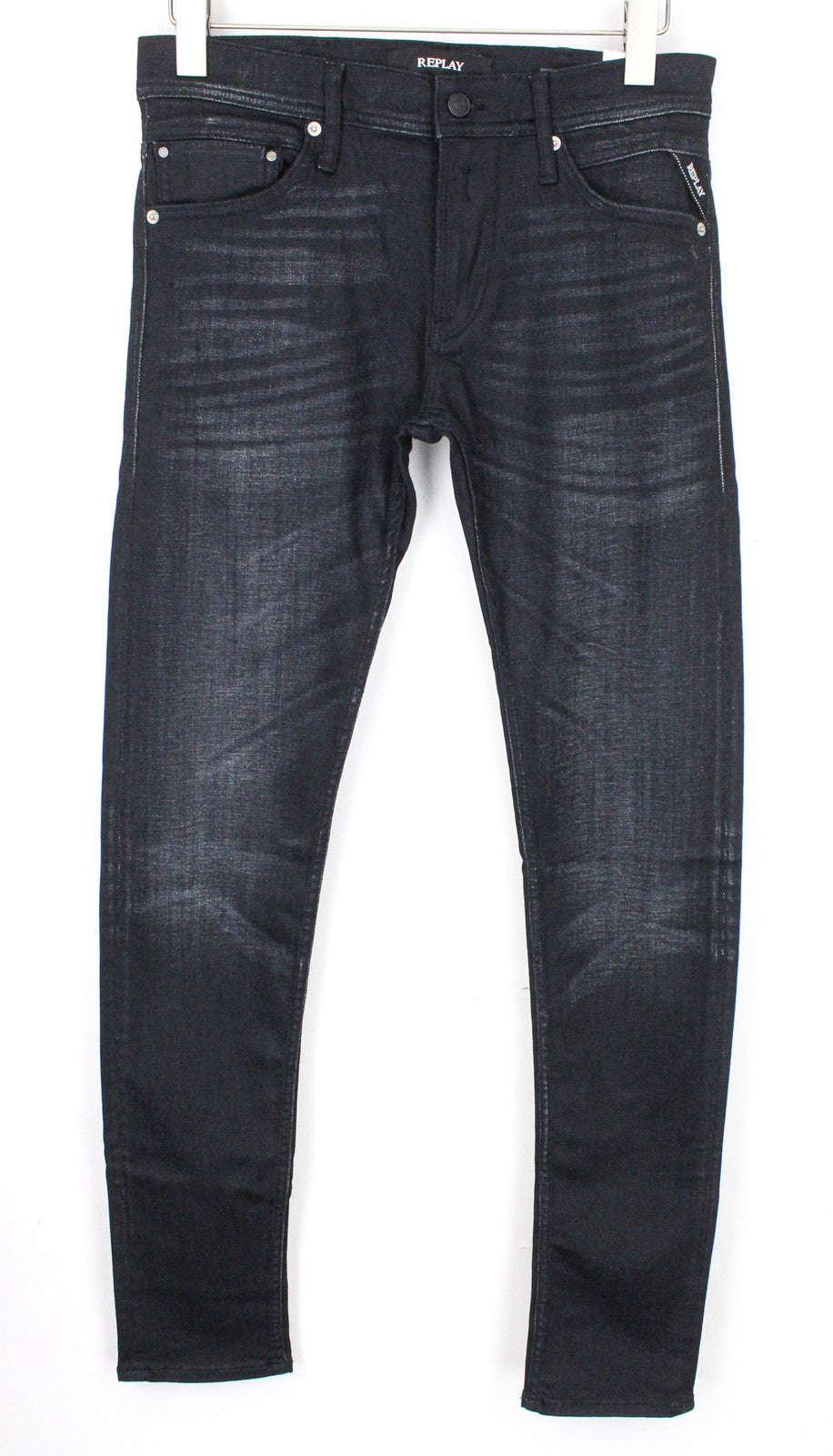 REPLAY Jondrill Men's Jeans W30/L34 Black Coated Skinny Tapered Stretch Low Fit